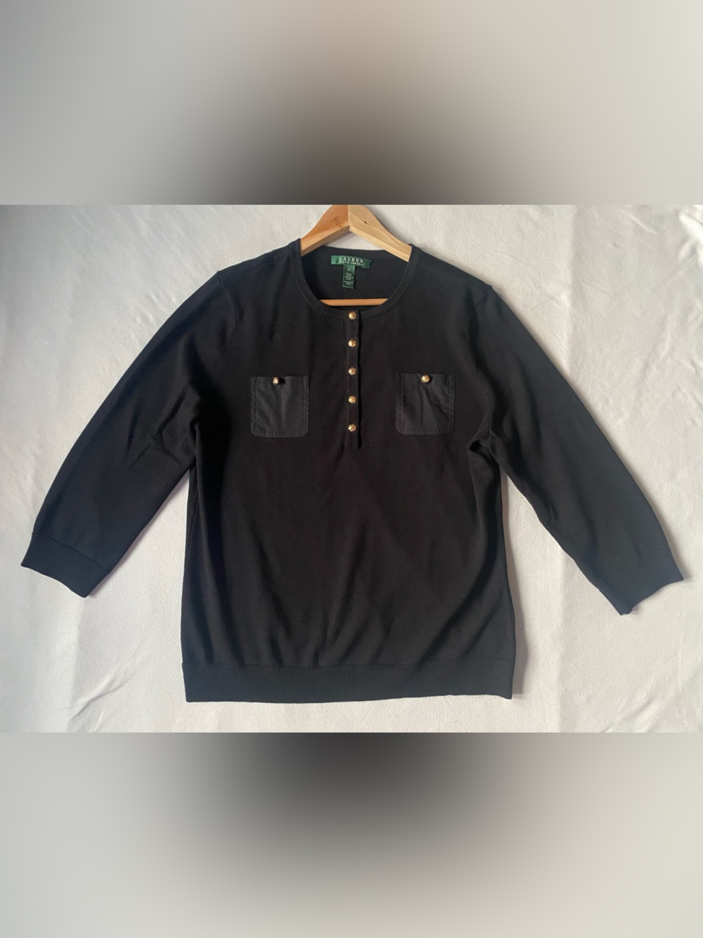 Lauren Ralph Lauren XL Black Knit Henley Top Gold Button Pocket Cotton Classic